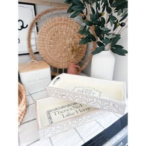2 Carved White Washed Wood Boho Farmhouse Trays